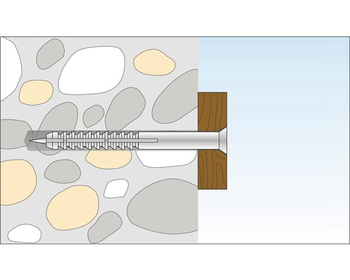Illustratie van een schroef die door een houten plank in een stenen muur wordt geschroefd.
