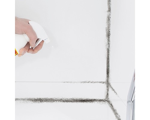 Toepassing van een antischimmelspray op tegelvoegen