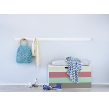 Wandgarderobe met tas, sjaal, schoenen en speelgoedkist in de hal