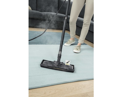 Stoomreiniger in gebruik op een tapijt, verwijdert vlekken