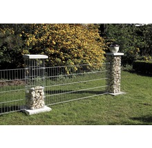 Tuinhek met schanskorfpalen en draadgaaselementen in de tuin