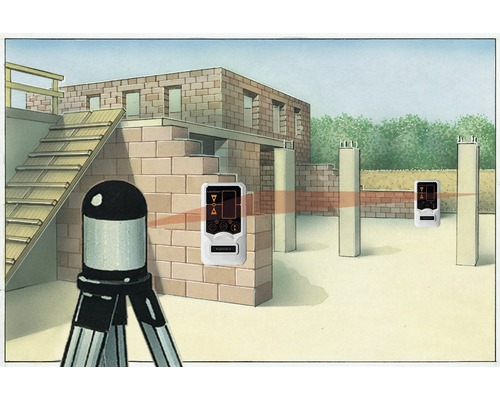 Illustratie van een bouwlaser met twee ontvangers op een bouwplaats