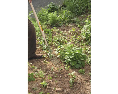 Tuinman gebruikt een spitvork in de tuin.