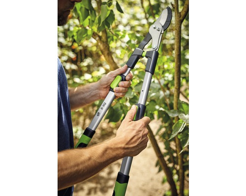 Persoon snoeit een tak met een hefboomsnoeischaar