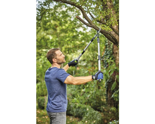 Man snoeit tak met een takkenschaar in de tuin.