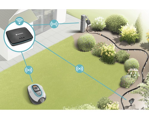 Illustratie van een tuin met het Gardena Smart System voor besproeiing en gazononderhoud