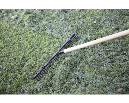 Metalen hark met houten steel op gazon