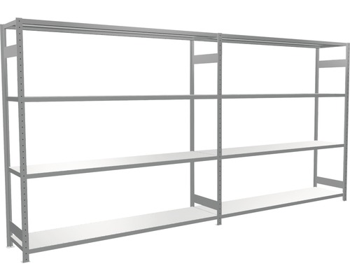 Grijze metalen stellingkast met meerdere planken voor opslag