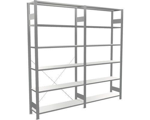 Twee metalen stellingen met meerdere niveaus voor opslag