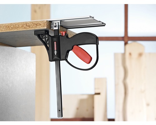 Bosch Logo. Werkstuk met Bosch éénhandsklem bevestigd aan geleiderail.
