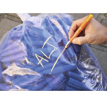 Een zak met blauwe Pica Visor Permanent Markers wordt beschreven met een Pica Marker.
