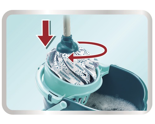 Leifheit vloermop in emmer met uitwringer, pijlen tonen de draairichting