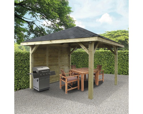 Houten tuinpaviljoen met barbecue, tafel en stoelen
