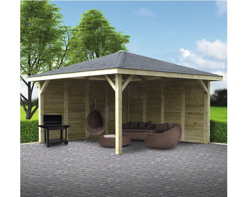 Houten paviljoen met barbecue en tuinmeubelen buiten