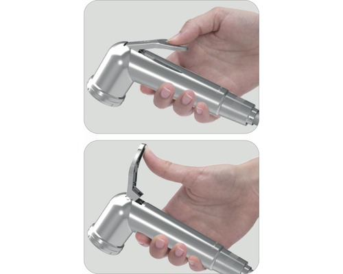 Metalen bidetdouche in de hand, bediening weergegeven