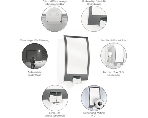 Wandlamp met instelbare tijd- en schemerschakelaar, roestvrijstalen designafdekking, 180 graden detectie, vrije lampkeuze, maximaal 60 watt E27 lamp, 90 graden verticaal draaibare sensor en slagvast materiaal IK 07