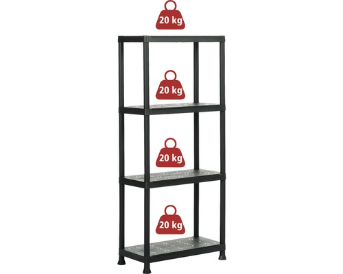 Kunststof rek met vier planken en 20 kilogram draagvermogen per plank