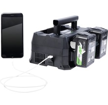 Acculader met twee accu''s en een mobiele telefoon die via een USB-kabel is aangesloten