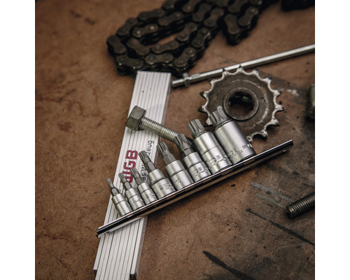 Torx bitset met ketting, bout, tandwiel en duimstok