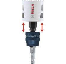 Bosch Logo op een gatenzaag met Power Change Plus adapter met pijlen die de beweging weergeven