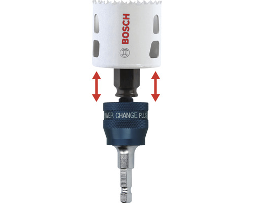 Bosch Logo op een gatenzaag met Power Change Plus adapter met pijlen die de beweging weergeven