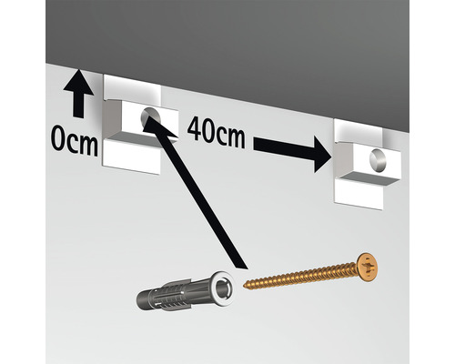 Illustratie van de montage van twee beugels met plug en schroef, afstand 40 centimeter