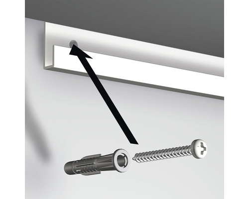 Afbeelding van de bevestiging van een rail met plug en schroef.