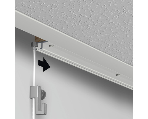 Detailopname van een plafondbevestigingsrail met ophangsysteem voor plafondmontage.