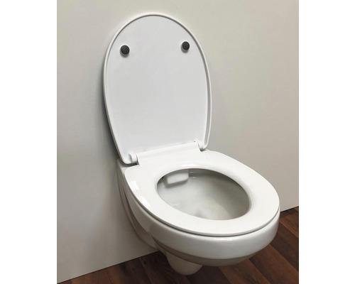 Wandcloset met open spoelrand en omhooggeklapte wc-bril.