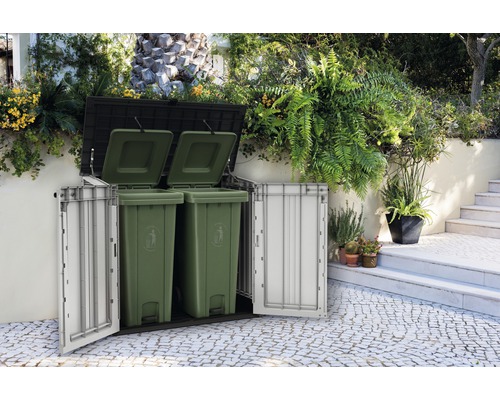 Afvalcontainerbox met twee groene afvalcontainers in een tuin