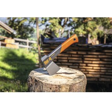 Bijl op een boomstronk met het For.q logo