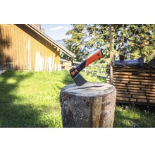 For_q kloofbijl op houten blok voor houten stapel en landschap