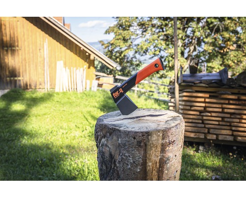 For_q kloofbijl op houten blok voor houten stapel en landschap