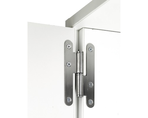 Detail van een metalen meubelscharnier op een witte meubeldeur.