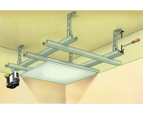 Afbeelding van een verlaagd plafondconstructie met plafondplaten, onderconstructie en waterpasinstrument