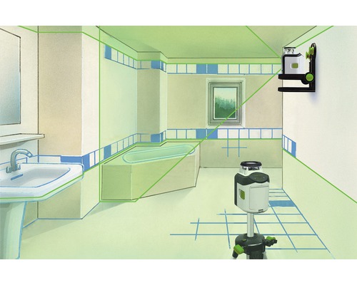 Illustratie van een badkamer met een lijnlaser, die aan een muur is gemonteerd en op een statief staat, en groene lijnen projecteert.
