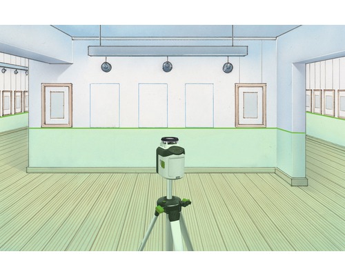 Kameraweergave van de ruimte met lijnlaser op statief voor uitlijning