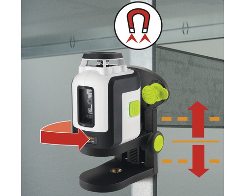 Lijnlaser met magneetsymbool, draaibeweging en pijlen voor hoogteverstelling