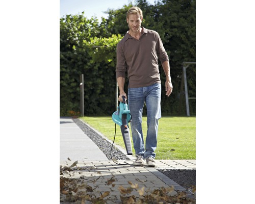 Man reinigt een tuinpad met een bladblazer.