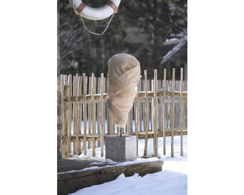 Tuin in de winter met plantenbeschermhoes en decoratie