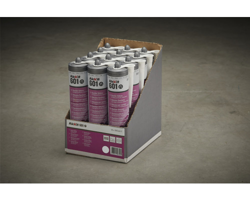 Verpakking sanitair siliconen van Akkit 601 met twaalf 310 ml patronen