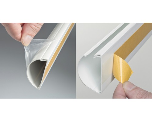 Afbeeldingen van kabelkanalen met zelfklevende achterkant tegen een neutrale achtergrond.