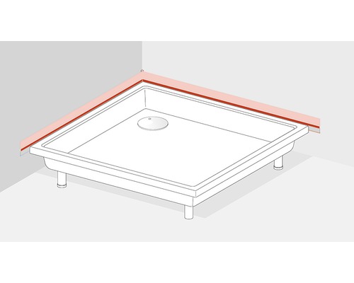 Hoekmontage van een douchebak met afdichtband