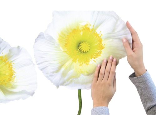 Close-up van muurstickers met papaverbloemen en handen