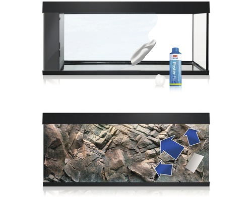 Aquarium met rotsachterwand, lijm en accessoires