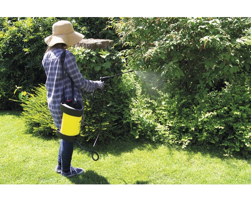 Vrouw gebruikt tuinspuit voor plantenverzorging