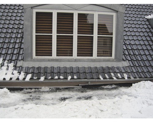 Dakvenster met dakpannen en sneeuw