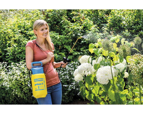 Vrouw gebruikt Gloria Prima 3 drukspuit in de tuin