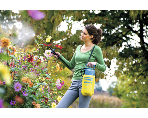 Vrouw gebruikt een Gloria Prima 3 drukspuit voor tuinieren