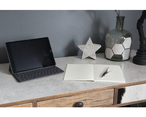 Decoratieve studeerkamer met tablet, notitieboek, pen, decoratieve ster en vaas
